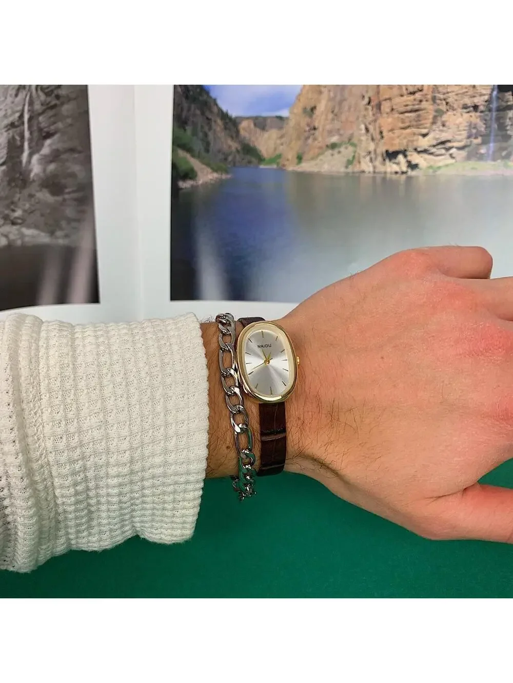 Y2K Brown Silver Leather Watch 8 Inch